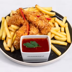 Chicken strips with fries, sweet chili sauce